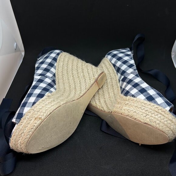 JustFab Navy Gingham Espadrille Wedge Heels – Lace-Up Peep Toe, Size 7.5 - Picture 3 of 5